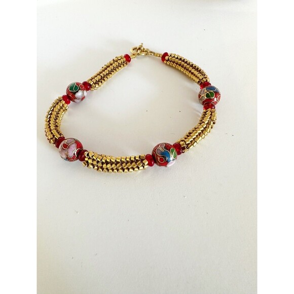 Vintage Red CLOISONNE Bead Toggle Bracelet Gold Seed Beads - Picture 4 of 4